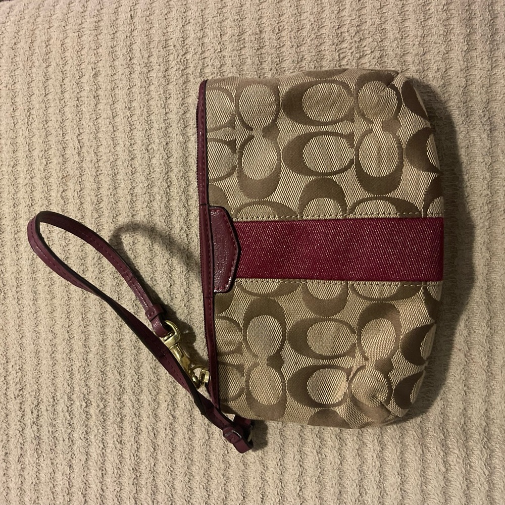 Coach Signature Wristlet in Tan and Burgundy